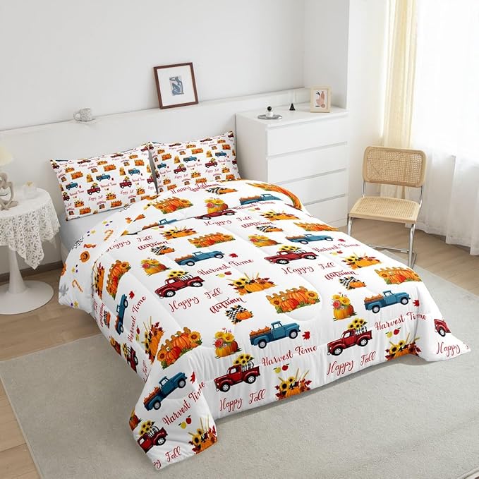 Happy Fall Bedding Set For Kids Twin Plaid Pumpkin Truck Comforter Set Thanksgiving Harvest Season Bedding Comforter Sets Autumn Sunflower Harvest Time Quilt Duvet Red Blue Orange 1 Pillow Case