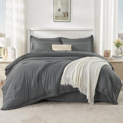 Andency Oversized King Comforter Set Dark Grey 120x98-7 Pieces Boho Tassel Bed in a Bag Soft Lightweight Bedding Sets, Fringe All Season Bed Set with Comforter, Sheets, Pillowcases & Shams