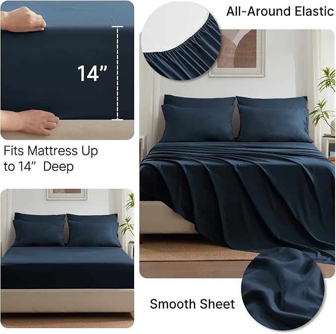 Anluoer California King Size Bed in a Bag 7 Pieces,Navy Blue Cal King Comforter Set with Sheets,All Season Bedding Sets with Comforter,Pillow Shams,Pillowcases,Flat Sheet,Fitted Sheet