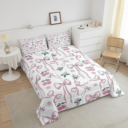 Feelyou Pink Girls Bow Comforter Set for Kids Boys Girls Kawaii Cherry Print Comforter Toddler Size Cute Bowknot Bedding Set Bedroom Decor Floral Botanical Duvet Set Kawaii Quilt Set 2Pcs