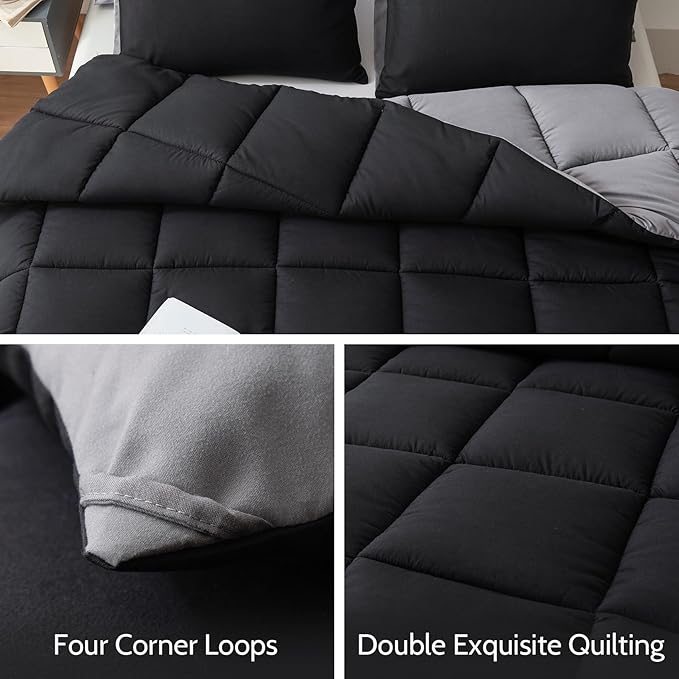 Decroom Lightweight Twin Comforter Set with 1 Pillow Sham - 2 Pieces Set - Quilted Down Alternative Comforter/Duvet Insert for All Season - Black/Grey - Twin/Twin XL Size