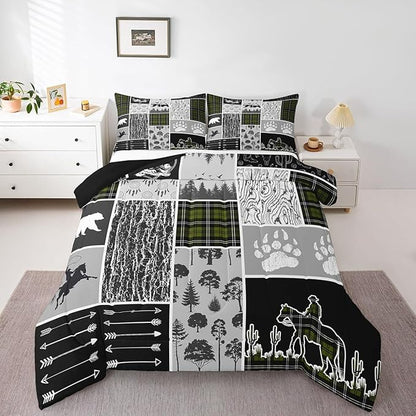 Erosebridal Rustic Farmhouse Comforter Set Full,Western Cowboy Bedding for Boys Girls Western Bedroom Decor,Sage Green Plaid Grid Duvet Insert,Bear Wildlife Hunting Theme Quilt Comforter 3Pcs