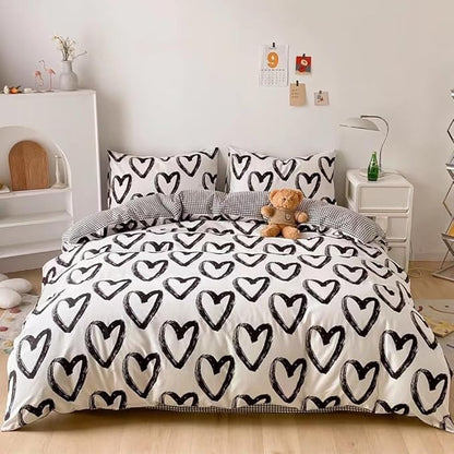 CLOTHKNOW Black White King Size Comforter Set 3Pcs Love Shape Bedding Comforter Sets Soft All Season Black Plaid Comforter with 2 x Pillow Cases