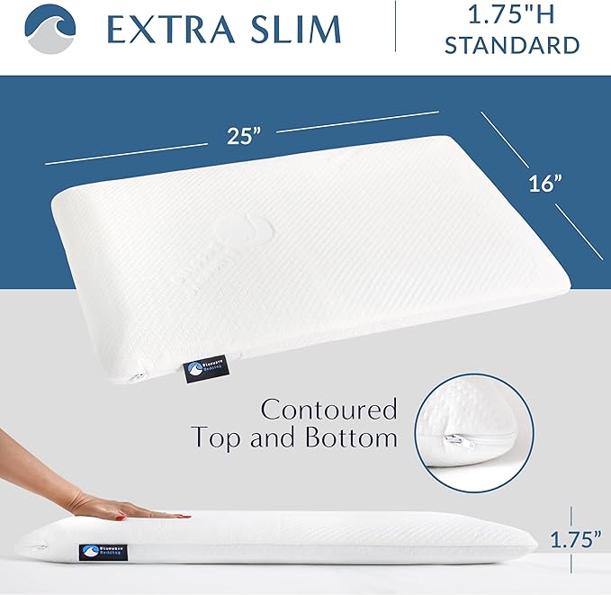 Bluewave Bedding Extra Slim Gel Memory Foam Pillow for Stomach and Back Sleepers - Thin, Flat, and Low Profile Design for Deeper Sleep (1.75-Inches Height, Standard Size)