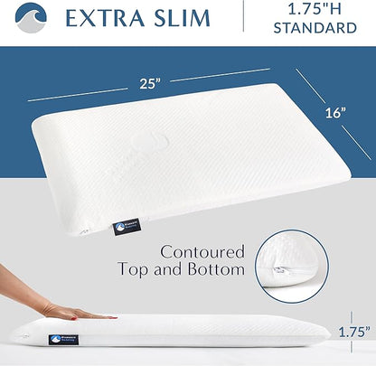 Bluewave Bedding Extra Slim Gel Memory Foam Pillow for Stomach and Back Sleepers - Thin, Flat, and Low Profile Design for Deeper Sleep (1.75-Inches Height, Standard Size)