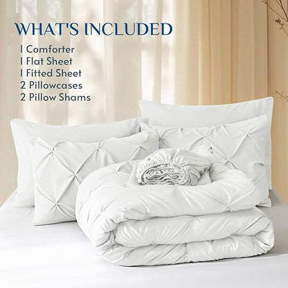JOLLYVOGUE Full Size Comforter Sets 7 Pieces - Bed in a Bag Full for All Season, Pintuck Bedding Comforter Sets with Comforter, Flat Sheet, Fitted Sheet and Pillowcases & Shams, White