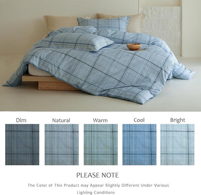 Queen Size Blue Plaid Comforter Set, 3Pcs Cotton Duvet for All Seasons, Warmth Breathable Bedding Set with 1 Lightweight Comforter and 2 Pillow Shams