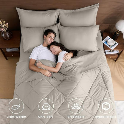 HEVUMYI Oatmeal King Comforter Set - 7-Piece All Season Bed in a Bag King, Ultra Soft Bedding Set with Comforter, Flat Sheet, Fitted Sheet, Pillowcases, Pillow Shams