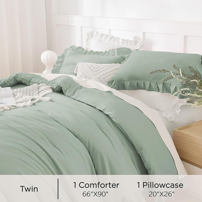 Andency Sage Green Twin Comforter Set, 2 Pieces Kids Ruffle Comforter Set Twin(66x90Inch), Farmhouse Shabby Chic Comforter Set, Soft Microfiber Kids Bedding Set