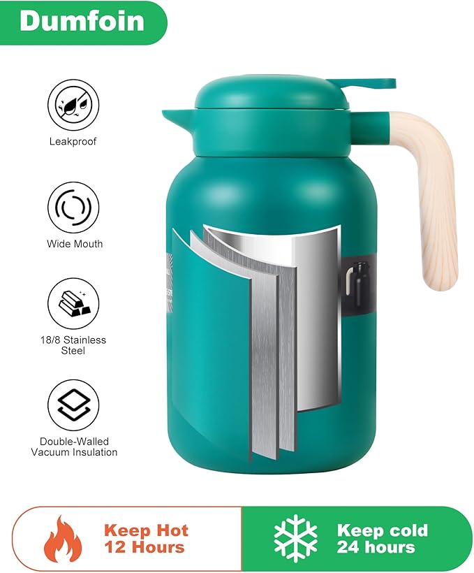 68 Oz Thermal Coffee Carafe, Stainless Steel Insulated Vacuum Coffee Carafes For Keeping Hot, 2 Liter Beverage Dispenser (Green)