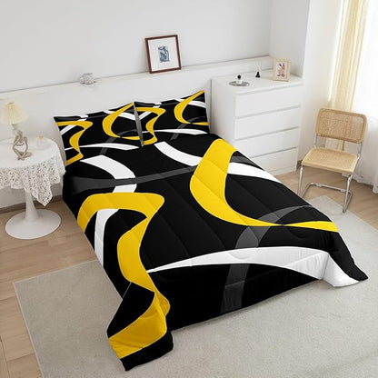 Erosebridal Grey Black Yellow Bedding Comforter Sets Gray White Striped Abstract Bedding Set Queen for Kids Adults Geometric Stripes Down Comforter Modern Fashion Quilt Duvet 3 Pcs