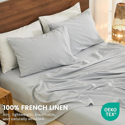 Bedlifes 100% French Linen Sheets California King Size 18-24" Extra Deep Pocket 4-Piece Set Breathable & Moisture-Wicking,Soft & Durable Sheets for Thick Mattresses(Grey)