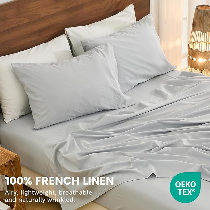 Bedlifes 100% French Flax Linen Sheets Set California King Size-6 Piece Extra Deep Pocket 18-24",Soft Breathable Cal King Bed Sheets with Temperature Regulating & Moisture-Wicking(Grey