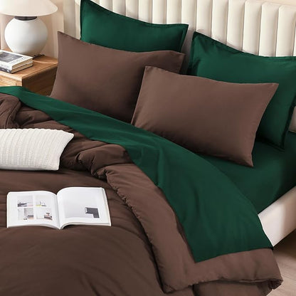 Litanika King Comforter Sets Brown Emerald Green- 7 Pieces Bed in a Bag Beddding Sets, Solid Lightweight Bed Set with Comforter, Sheets, Pillowcases & Shams