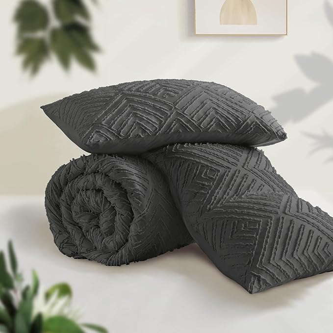 Andency Dark Grey California King Comforter Set, 3 Pieces Gray Boho Bedding Set & Collections, Farmhouse Tufted Fluffy Bed Set for California King Bed (1 Comforter 104x96In, 2 Pillowcases)