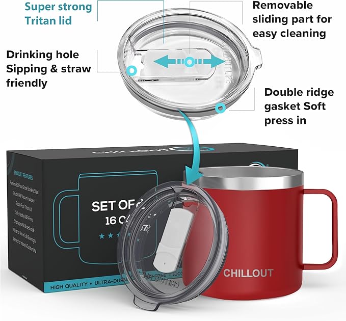 CHILLOUT LIFE Stainless Steel 16 oz Vacuum Insulated Coffee Mug with Handle and Lid, Large Thermal Camping Coffee Mugs with Sliding Lid for Men & Women, Keeps your Beverages Hot/Cold, 2 Pack