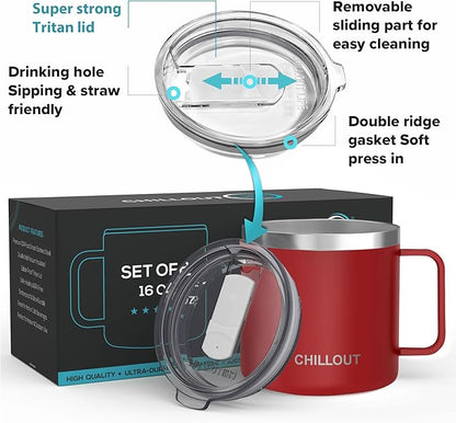 CHILLOUT LIFE Stainless Steel 16 oz Vacuum Insulated Coffee Mug with Handle and Lid, Large Thermal Camping Coffee Mugs with Sliding Lid for Men & Women, Keeps your Beverages Hot/Cold, 2 Pack