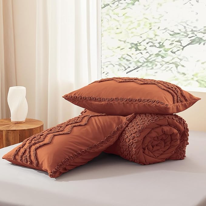 Luxudecor Terracotta Boho Tufted Comforter Set Full Size 3 Pieces Boho Shabby Chic Comforter Farmhouse Embroidery Bedding Set Soft Comforter for All Seasons (Terracotta, 80''x90'')