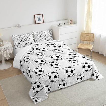Manfei Soccer Comforter Set King Size, Football Sports Theme Bedding Set for Kids Boys Girls Room Decor, Grey Wooden Plank Down Comforter, Soft Polyester Quilt Set,2 Pillowcases