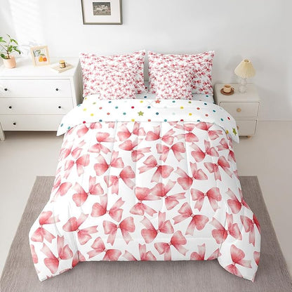 Feelyou Red Bow Comforter Set with Sheets Full Size Kids Bowknot 7 Pieces Bedding Set for Boys Girls Teens Gift for Girls Women Bed in a Bag Breathable Princess Décor Bed Set