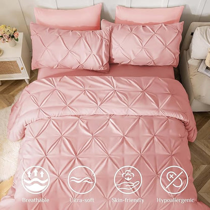 JOLLYVOGUE Twin XL Comforter Set 5 Pieces - Bed in a Bag Twin XL for All Season, Pintuck Bedding Comforter Sets with Comforter, Flat Sheet, Fitted Sheet and Pillowcases & Shams, Pink