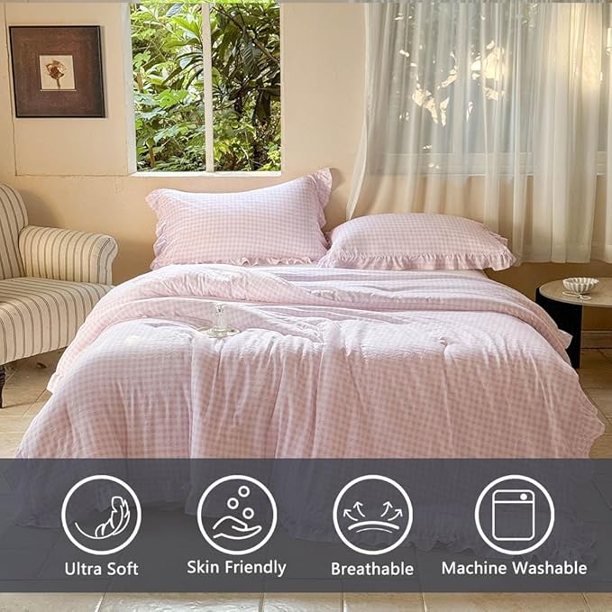 NSNLGSGC Pink Ruffle Gingham Comforter Set Twin, Pre-Washed Ruffled Plaid Checked Comforter Bedding, 2 Pieces Vintage Farmhouse Grid Bedding Set(Pink Gingham, Twin)