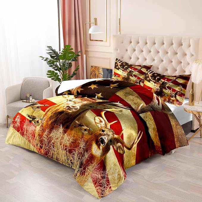 LUVIVIHOME 3PCS Deer Comforter Set Full Size, Camo Bedding, 4th of July American Flag Mallard Duck Forest Animal Wildlife Hunting Hunter Country Rustic Farmhouse Cabin Bedroom Decor, 2 Pillow Shams