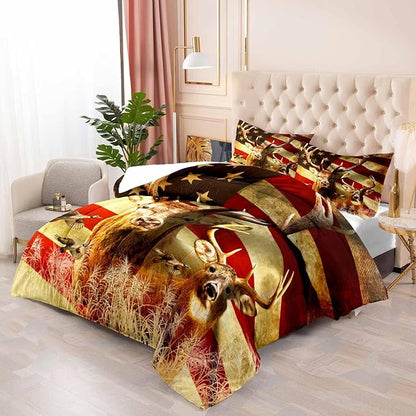 LUVIVIHOME 3PCS Deer Comforter Set Full Size, Camo Bedding, 4th of July American Flag Mallard Duck Forest Animal Wildlife Hunting Hunter Country Rustic Farmhouse Cabin Bedroom Decor, 2 Pillow Shams