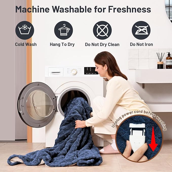 Heated Blanket Electric Queen Size - 84"x90" Electric Blanket with Dual Control, 9 Heat Levels and 1-10 Hours Timer, Soft Jacquard Fleece & Sherpa Washable, Great Gift Idea - Navy Blue