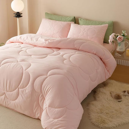 Luxlovery Pink Sunflower Comforter Set Full Light Pink Quilts Blush Pink Bedding Comforter Set Boho Farmhouse Plain Color Soft Breathable Cozy Comforter Women Girls