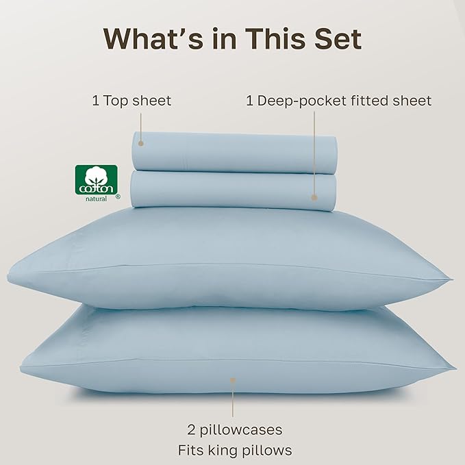 California Design Den Deep Pocket King Sheet Set - Certified Authentic 100% Egyptian Cotton Sheets, Soft Sateen, Deep Pockets with Gripper Elastic, Breathable and Durable Luxury Bedding - Light Blue
