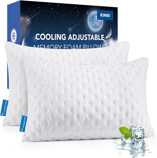 Cooling Side Sleeper Pillow for Neck and Shoulder Pain, Luxury Shredded Memory Foam Curved Bed Pillows for Sleeping Set of 2- Adjustable King Size- Washable Cover Crescent White