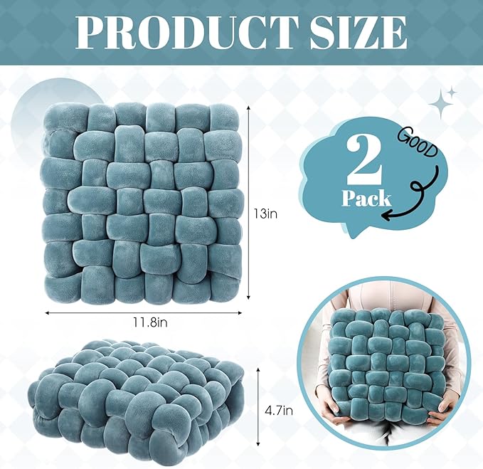 Wenqik 2 Pcs Knot Pillows Square Knotted Plush Throws Soft Accent Pillows Decoration Cushion for Couch Home Office Living Room Bedroom Bed Sofa Decor, 12'' x 13''(Haze Blue,Crystal Velvet)