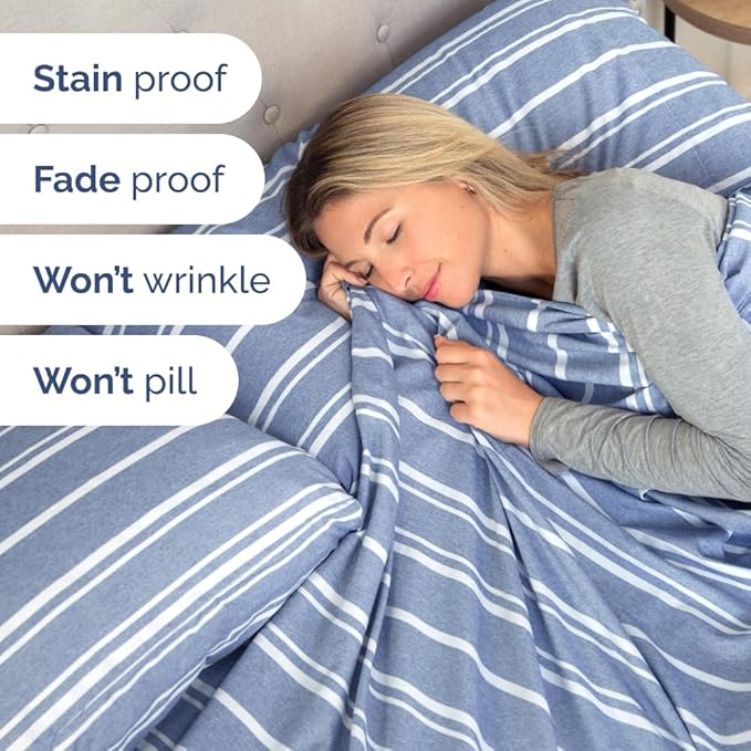 Flex Top Split Head King 4 Piece Sheet Set - Comfy Breathable & Cooling Bed Sheets Set - Hotel Luxury Bedding for Women, Men, Kids, Teens, Boys & Girls - Deep Pockets, Soft - Oeko-Tex - Blue Stripes