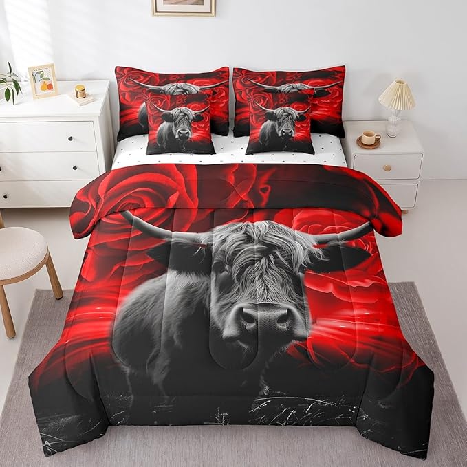 Erosebridal Highland Cow Comforter Set 7 Piece,Red Rose Bed in a Bag Twin,Western Bull Cattle Fitted Sheet,Romantic Rose Floral Quilt Set,Wild Animals Wildlife Bedding Set Farmhouse Bedroom Decor