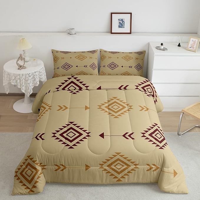 Feelyou Kids Brown Boho Western Bedding Set Twin Size Southwestern Aztec Tribal Comforter Set for Boys Girls Bohemian Duvet Quilt