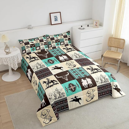 Western Cowboy Comforter Set Twin Size,Cow Skull Desert Cactus Bedding Set,Rustic Aztec Tribal Striped Quilt Set,Kids Teens Adult Room Decor,Brown Turquoise Geometric Plaid Duvet Insert 2Pcs