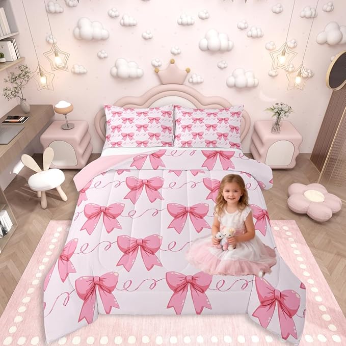 Erosebridal Bowknot Down Comforter Toddler Size, Dreamy Princess Style Comforter Set for Girls Women Bedroom Decor, Cute Bow Tie Bedding Set Pink Girly Kawaii Quilt for All Season