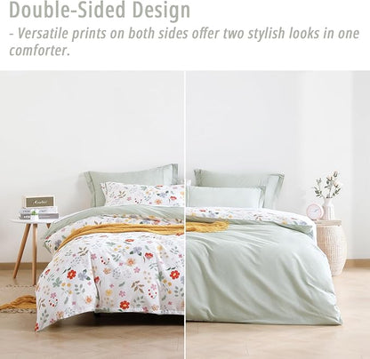 Botanical Cotton Comforter Queen Size 3Pcs - Colorful Flowers, Berries and Leaves on White, Chevron Sage Green Back, Reversible Lightweight Bedding Sets with Soft Fill(Queen, 90"×90")