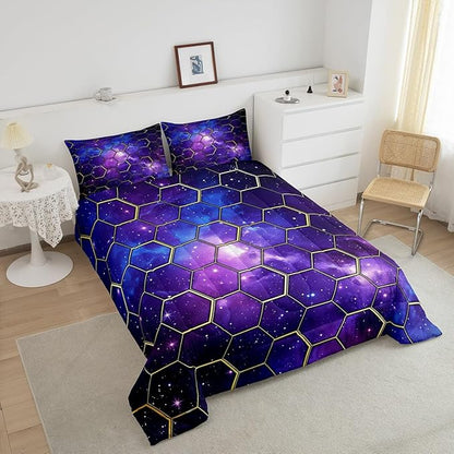 Manfei Galaxy Honeycomb Comforter Set Toddler Size, Geometric Hexagon Print Bedding Set 2pcs, Blue Purple Starry Sky Down Comforter for All Season, Kids Boys Girls Room Decor, 1 Pillowcase