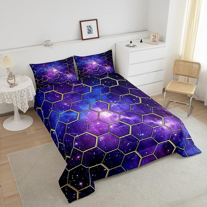 Manfei Galaxy Honeycomb Comforter Set King Size, Geometric Hexagon Print Bedding Set 3pcs, Blue Purple Starry Sky Down Comforter for All Season, Kids Boys Girls Room Decor, 2 Pillowcases