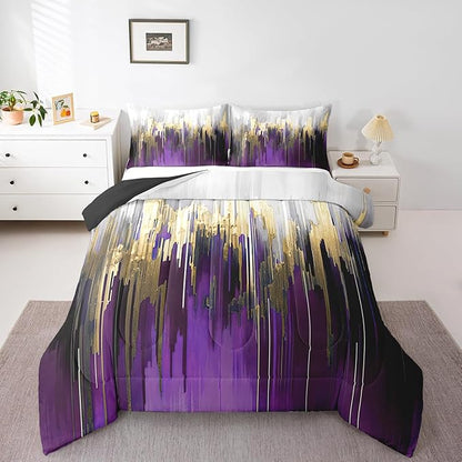 Purple Bedding Set Queen Watercolor Graffiti Duvet Insert, Striped Oil Painting Bedding Comforter Sets Aesthetic Modern Decor, Ombre Brush Marks Contemporary Metallic Gold Decor