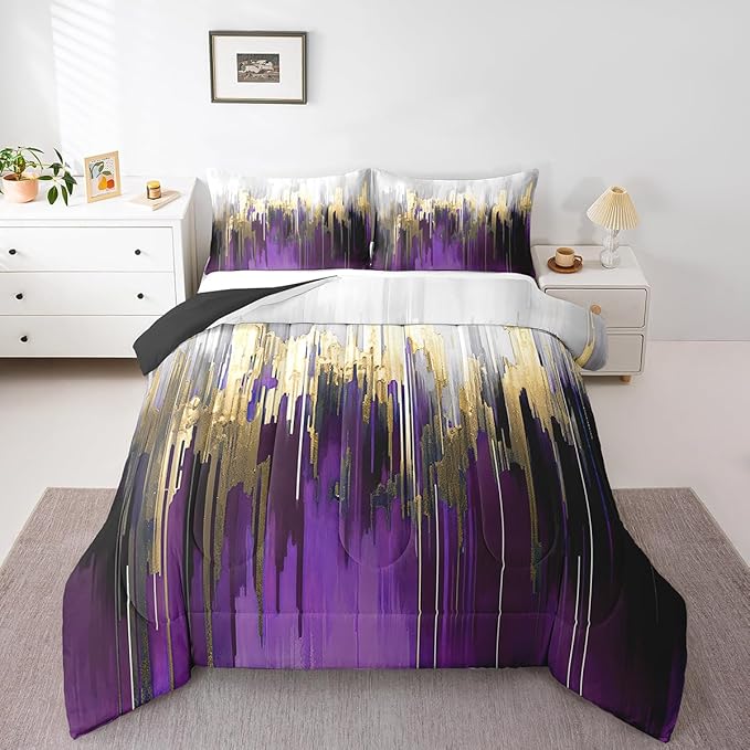 Purple Bedding King Watercolor Graffiti Comforter Set, Striped Oil Painting Duvet Insert Aesthetic Modern Down Comforter, Ombre Brush Marks Contemporary Bedding Comforter Sets Metallic Gold Decor