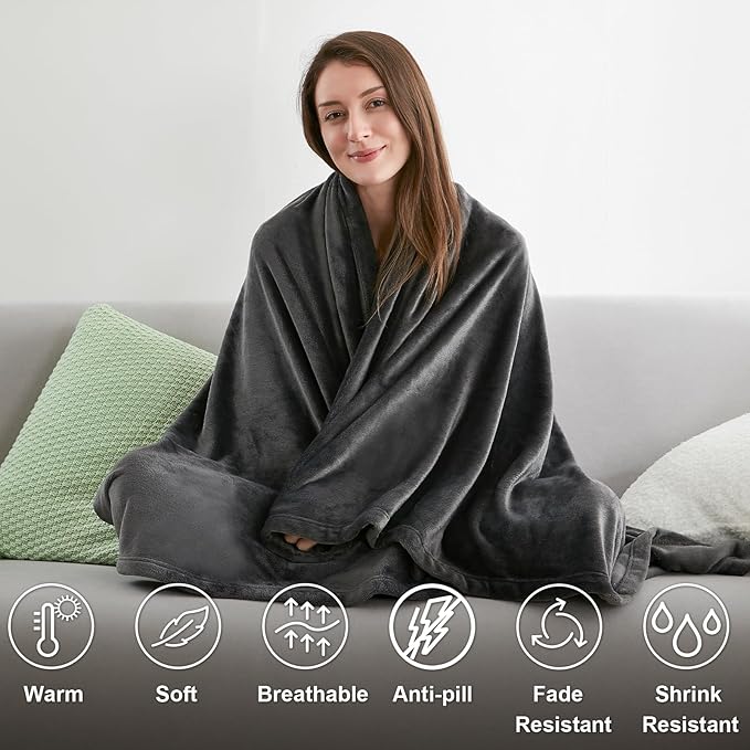 Hansleep Fleece Blanket for Couch Charcoal, Super Soft Flannel Fuzzy Throw Plush Cozy Blanket for All Seasons, Charcoal, Throw 50x60 Inches