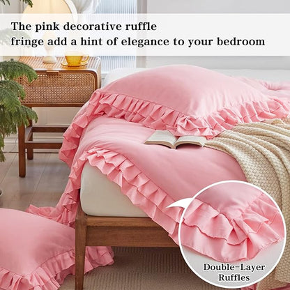 Pink Ruffle Comforter Set Full/Queen Size, 3 Pieces (1 Ruffled Comforter and 2 Pillowcases) Farmhouse Shabby Chic Style with 2 Layers Ruffle, Solid Color Lightweight Fluffy Bedding Sets for All Season