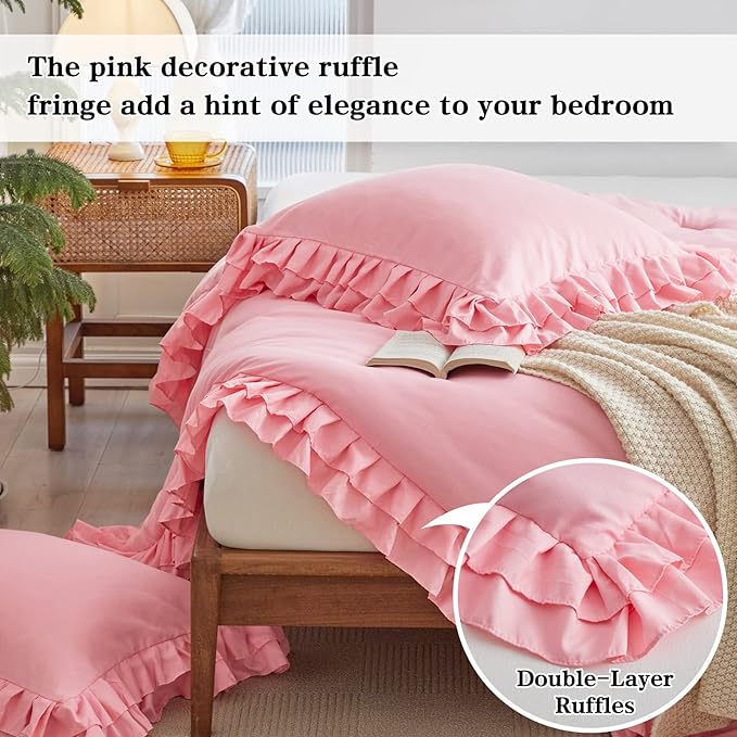 Pink Ruffled Comforter Set Twin Size, 3 Pieces (1 Ruffled Comforter and 2 Pillowcases) Farmhouse Shabby Chic Style with 2 Layers Ruffle, Solid Color Lightweight Soft Fluffy Bedding Sets for Girls