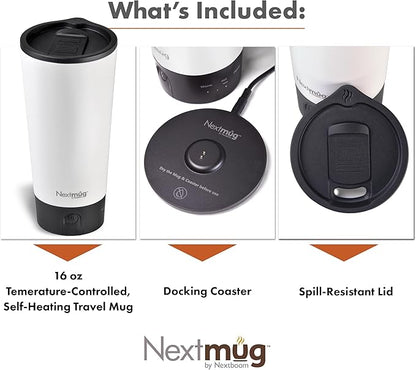 Nextmug Go - Temperature-Controlled, Self-Heating Travel Mug (White - 16 oz.)