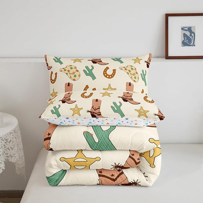 Feelyou Western Decor Bedding Set Twin Size Wild West Cowboy Comforter Set for Kids Boys Girls Decor Cowboy Boots Cowboy Hat Horseshoe Cactus Comforter Yellow Duvet Set