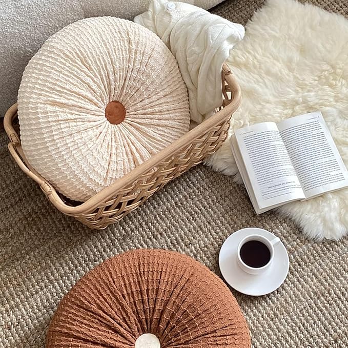 S_SSOY Round Throw Pillow for Couch Decorative 13"X13" Pumpkin Round Velvet Cushion for Sofa Bed Chair Floor Car Decorative (Cream)
