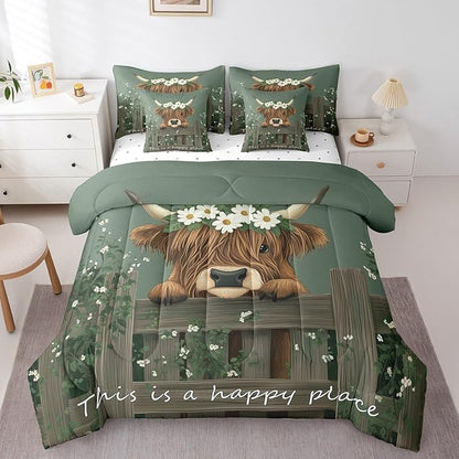 Erosebridal 7Pcs Farmhouse Highland Cow King Bedding Sets for Boys Kids Rustic Funny Animal Bed Set, Cute Brown Cow Comforter + Flat Sheet + Fitted Sheet + 2 Pillowcases + 2 Throw Pillow Covers